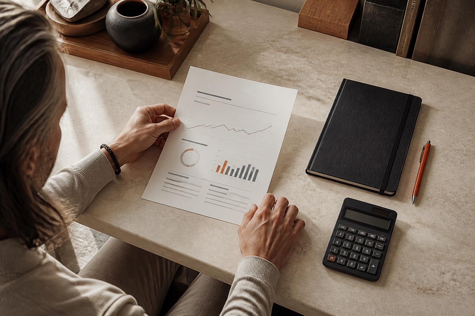 A business owner reviewing an organized financial plan