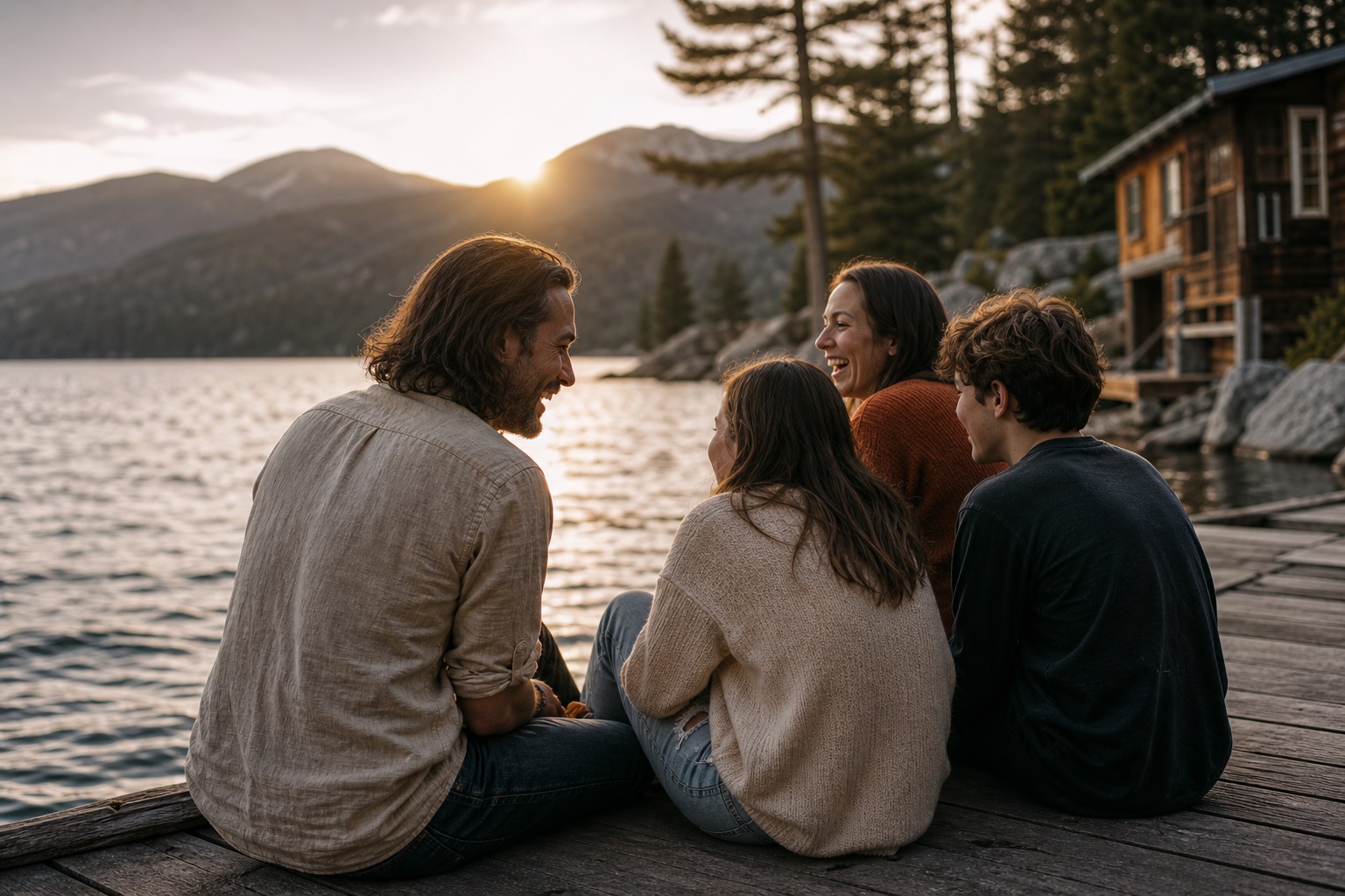 A family sharing an evening beside a mountain lake