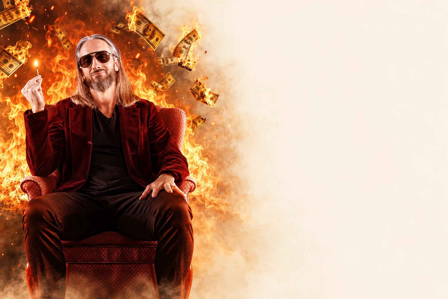 Garrett in a red chair surrounded by burning money, adapted from The American Ream artwork